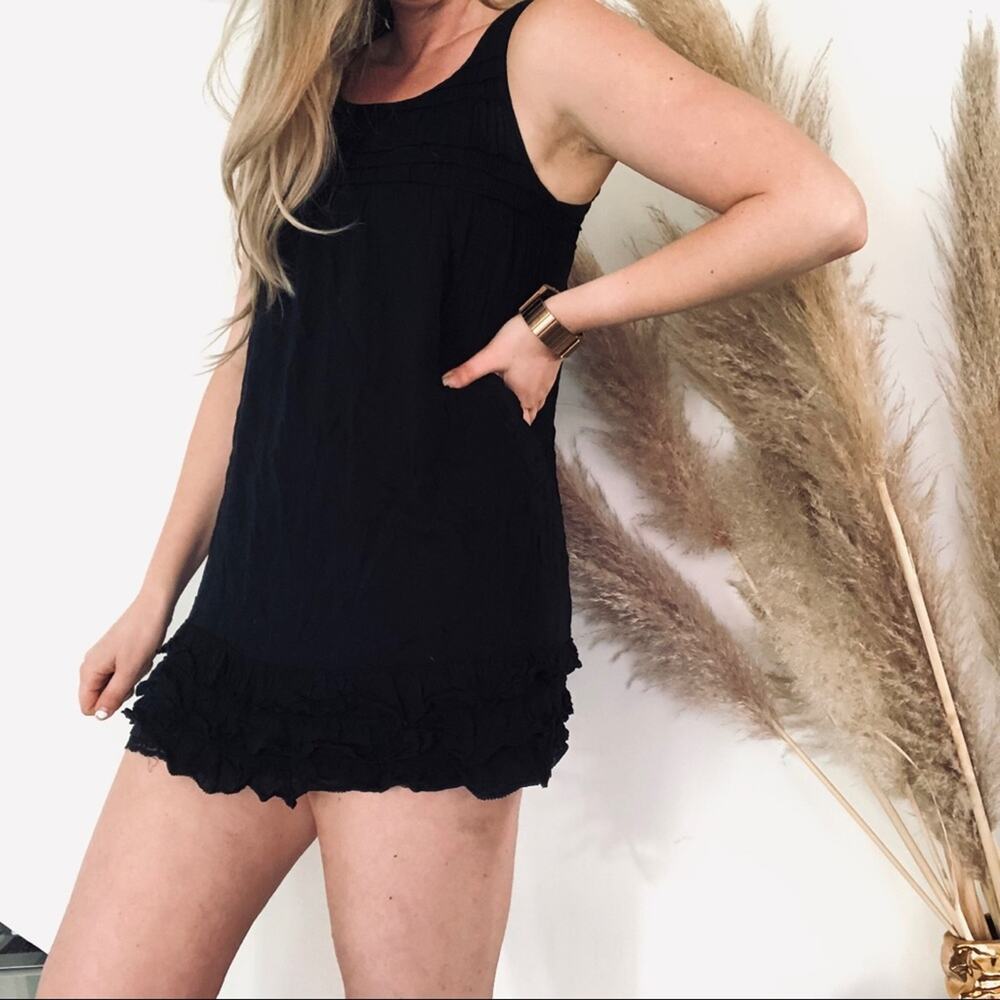 ANTHROPOLOGIE MAEVE LBD Black Ruffle Pleated Tank Top Slip Tunic Mini Dress XS